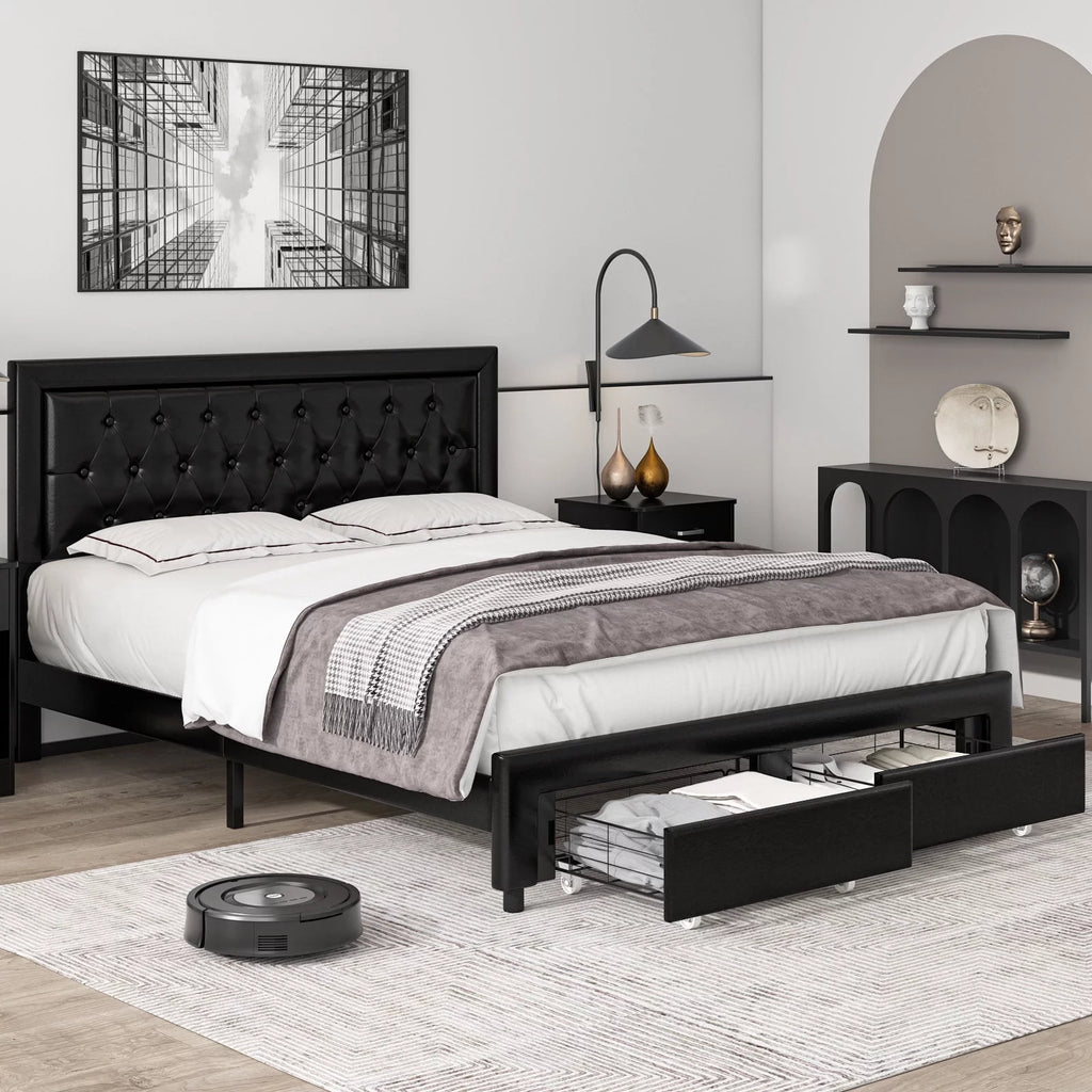 Queen Size Black PU Leather Upholstered Platform Bed Frame R87609