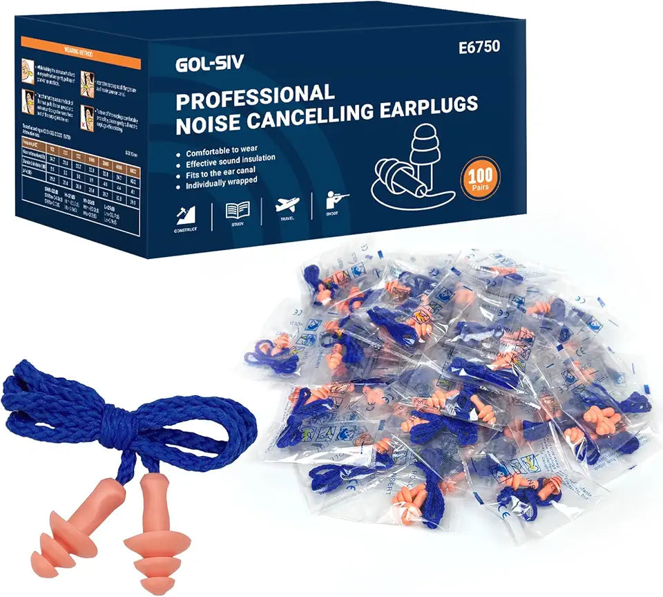 100 Pairs Silicone Corded Ear Plugs NRR 27dB Reusable Orange H69459