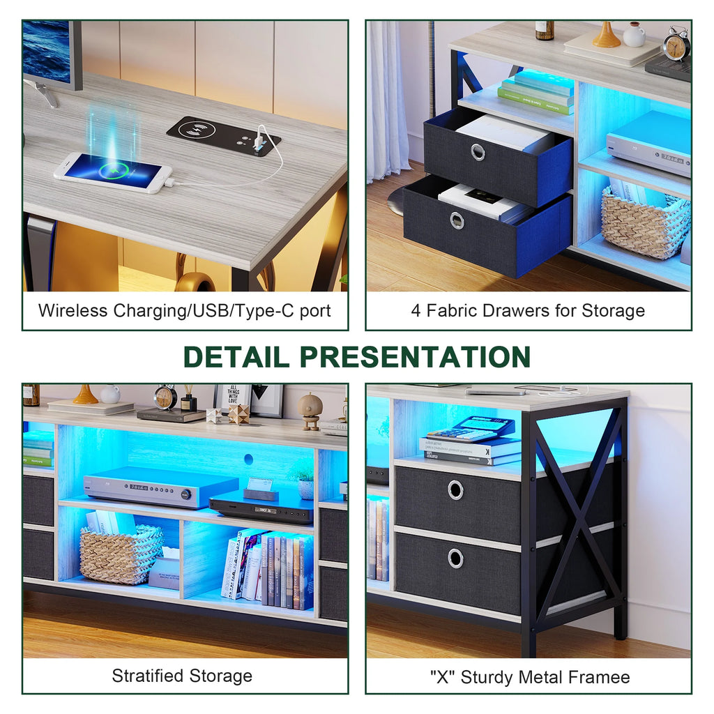 White LED TV Stand with Charging Station C666