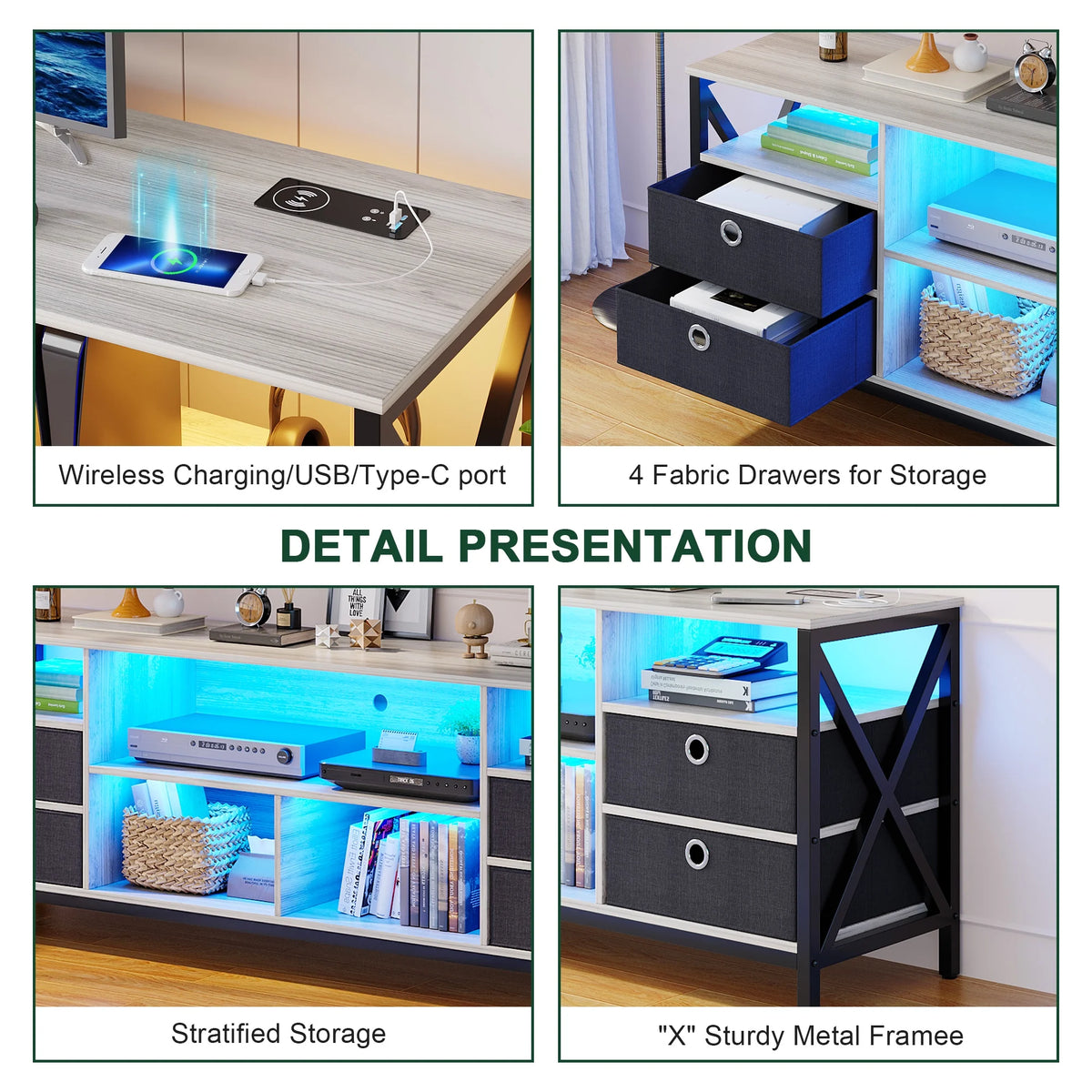 White LED TV Stand with Charging Station C666