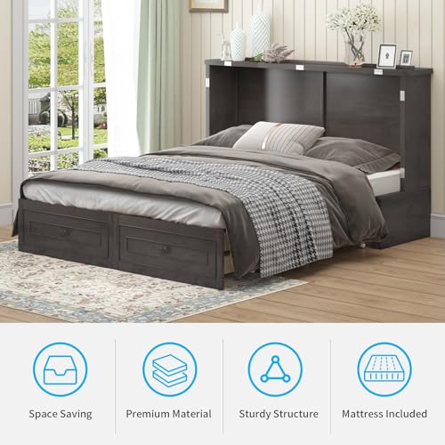 Queen Murphy Bed Cabinet with USB Charging Station and Storage Drawers C635