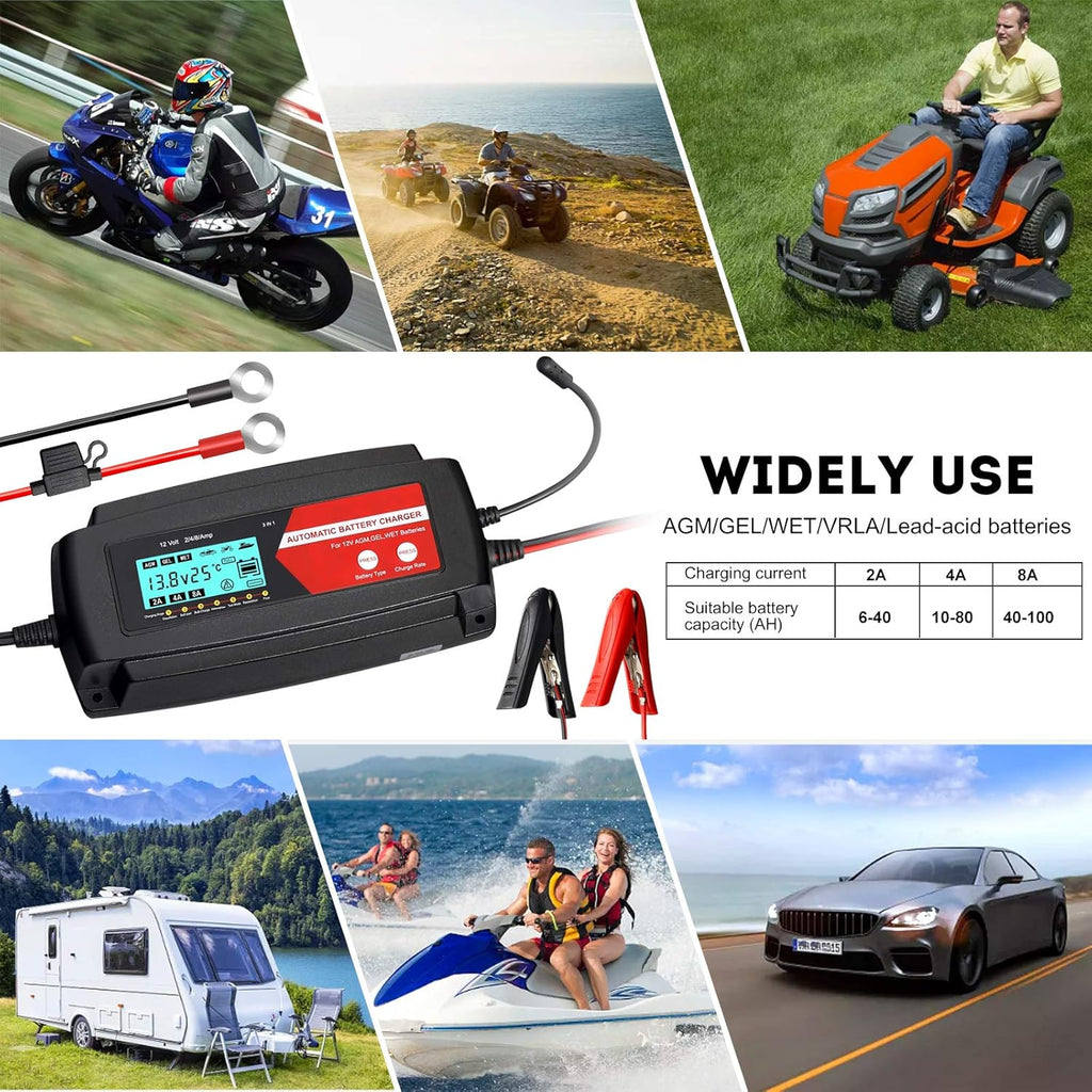 Fully Automatic 3 in 1 Car Battery Charger 12V 2/4/8 Amp with LCD Display J6280