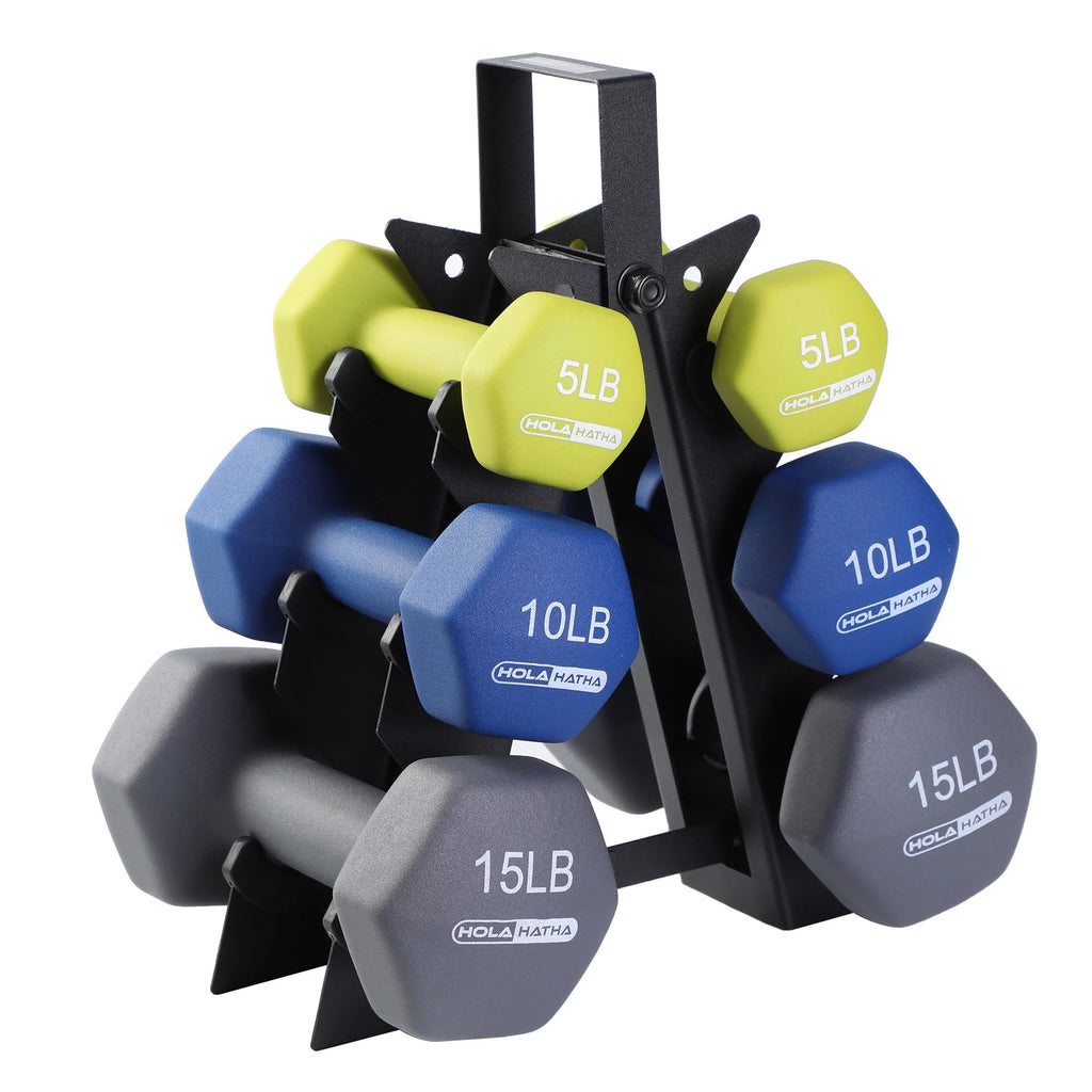5, 10, and 15 Pound Neoprene Hand Weight Set with Rack Y6183