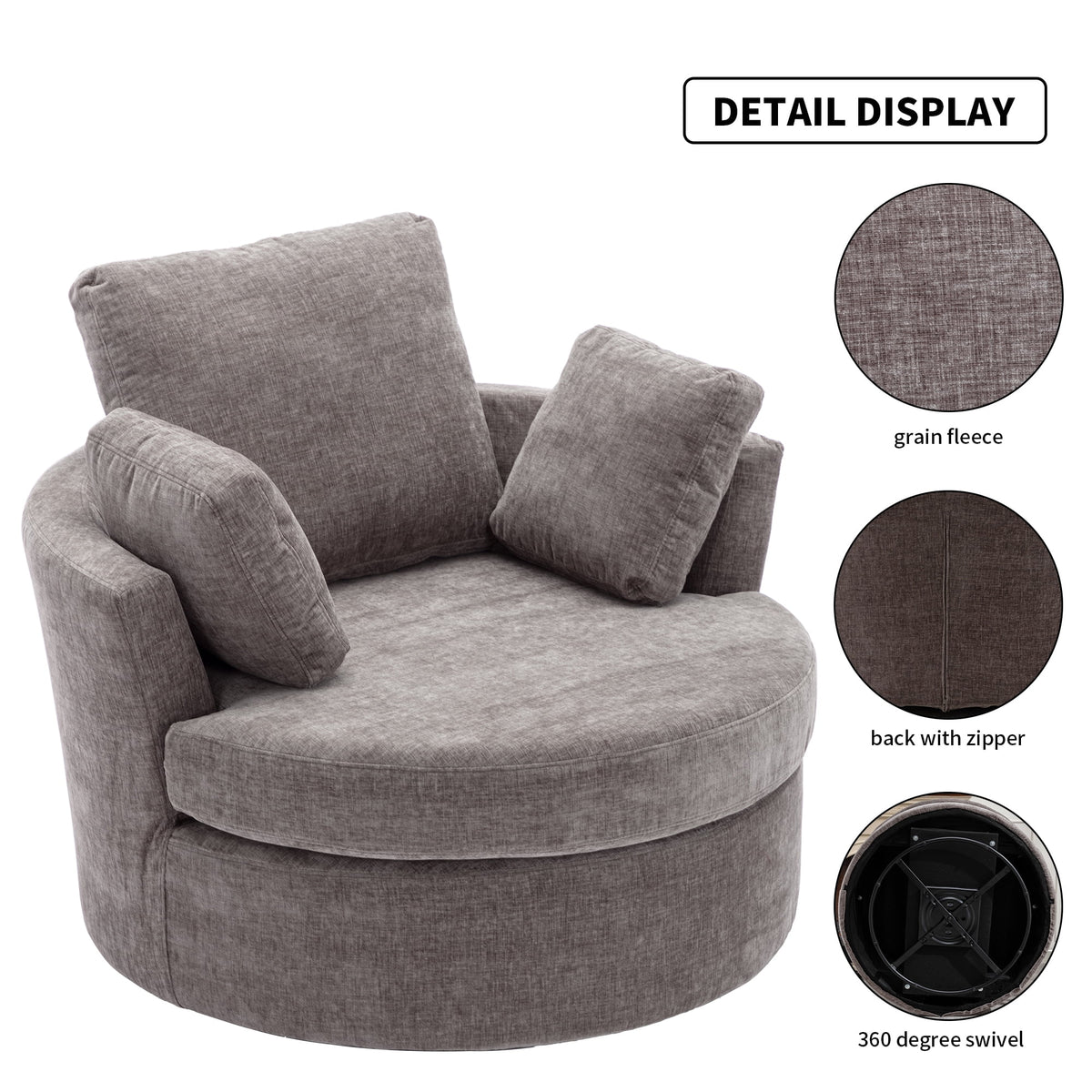 Oversized Round Swivel Accent Chair with 3 Pillows C590534