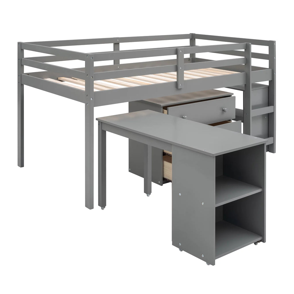 Twin Size Wood Loft Bed with Desk Storage Drawers and Bookcase P459