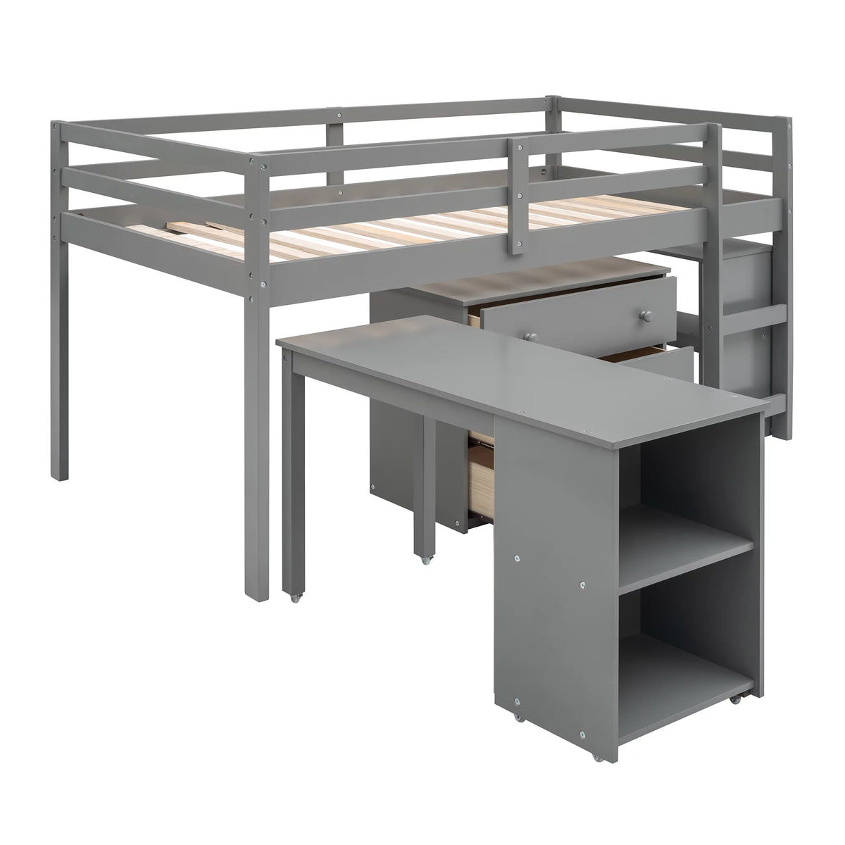 Twin Size Wood Loft Bed with Desk Storage Drawers and Bookcase P459