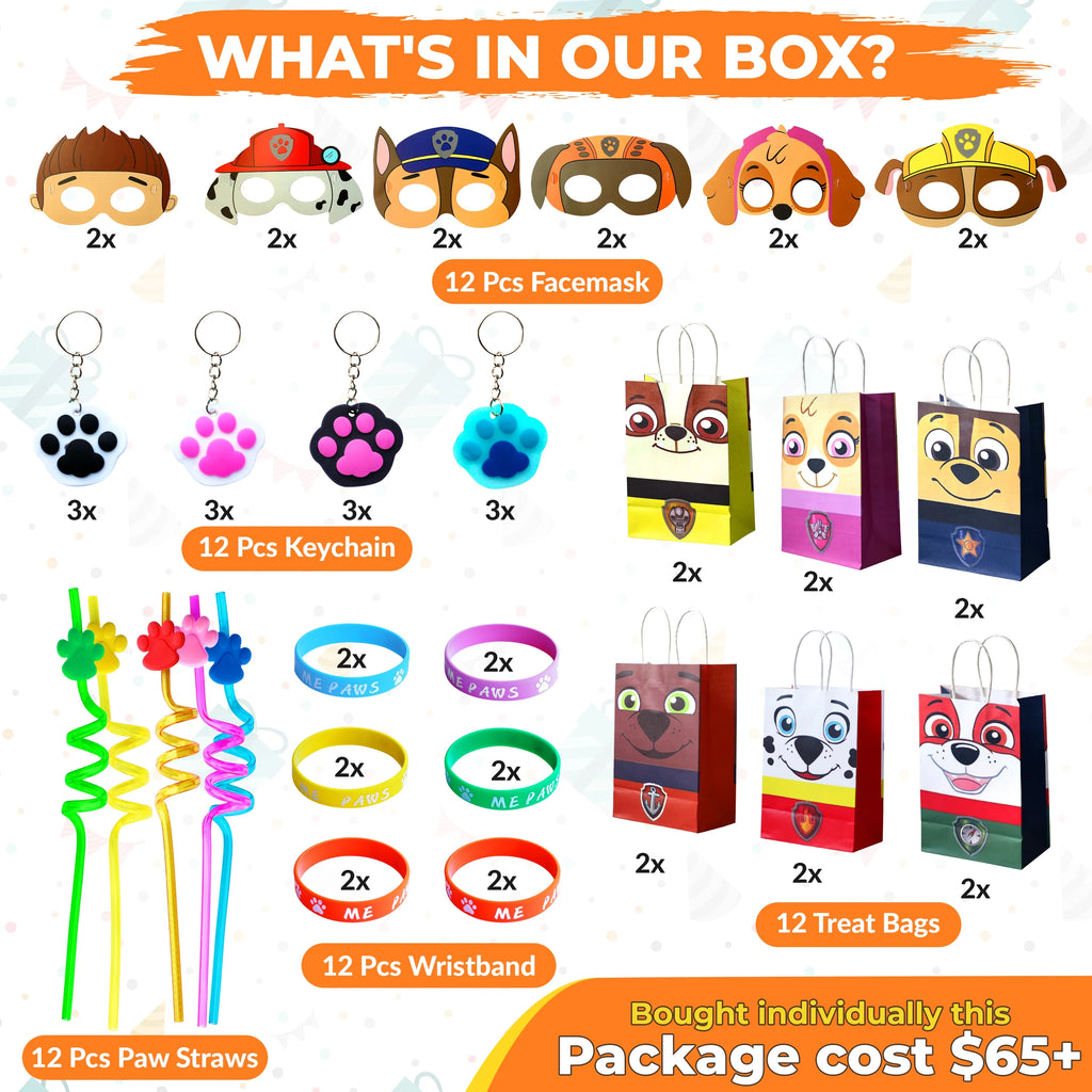 60 Pc Dog Paw Theme Party Supply Paper Bags Wristband Straws Keychain O412846