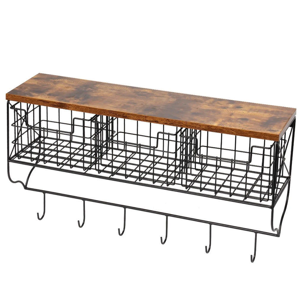 Rustic Wood Wall Mount Shelf with 6 Hooks and 3 Storage Baskets H187427