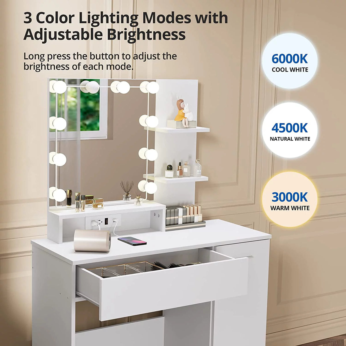 White Vanity Desk with Charging Station and Drawer G78434