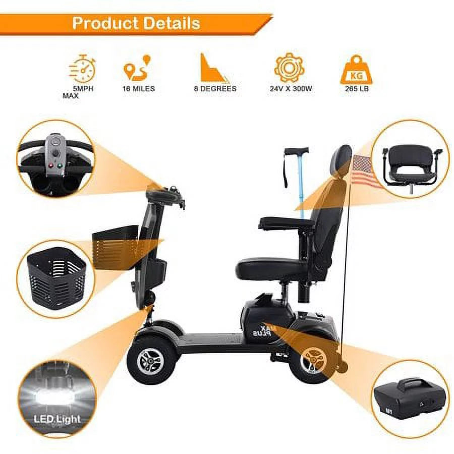 4 Wheels Mobility Scooter Grey LED Lights USB Port X9242
