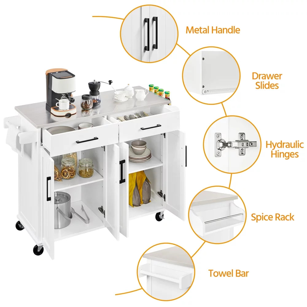 White Kitchen Island with Storage Drawers & Cabinets E243