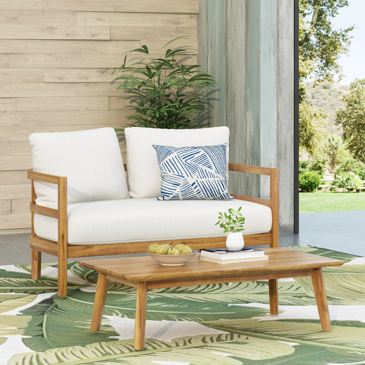 Acacia Wood Loveseat and Coffee Table Set with Cushions F3737