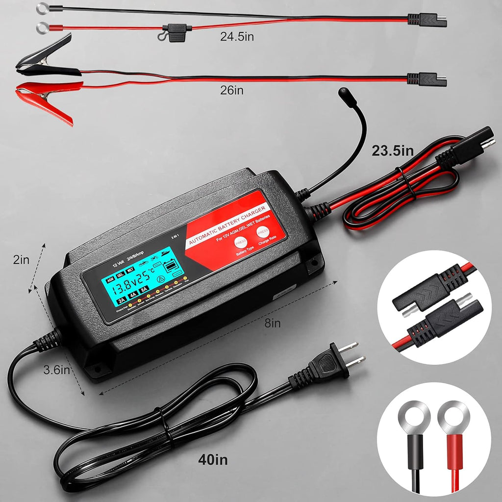 Fully Automatic 3 in 1 Car Battery Charger 12V 2/4/8 Amp with LCD Display J6280