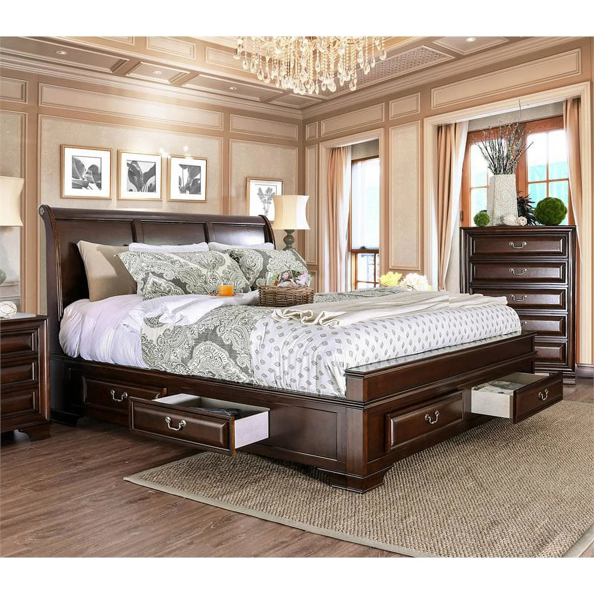 Cherry Wood Queen Storage Platform Bed Y5401
