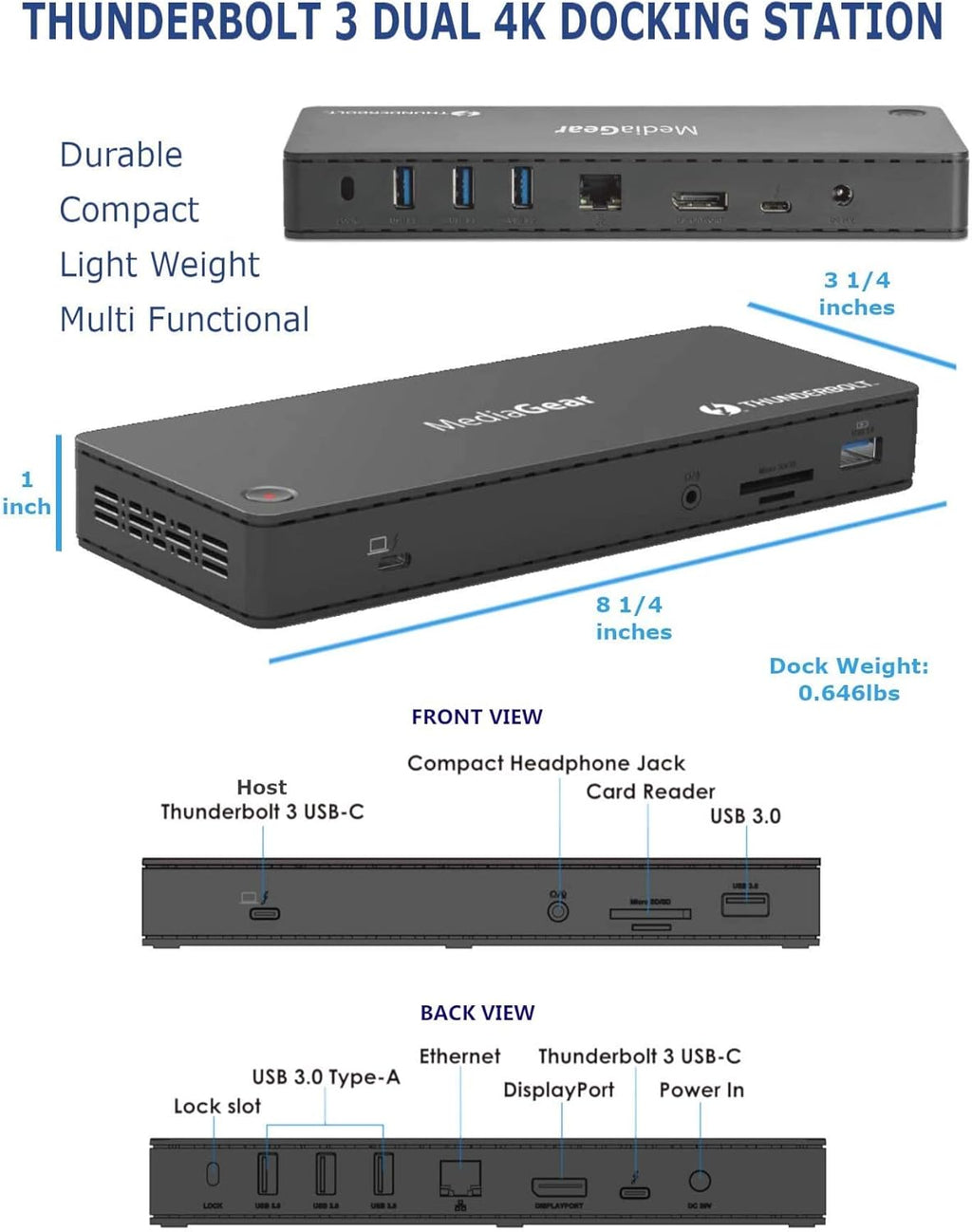 Thunderbolt 3 Dock with 4K 60Hz USB C DisplayPort 85W Power Delivery X42359