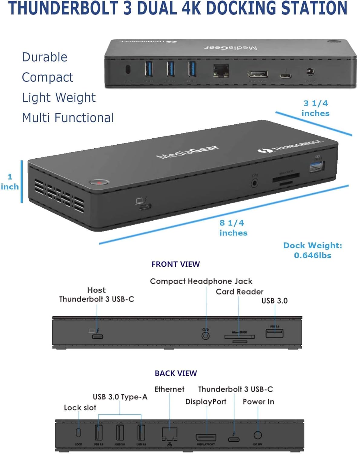 Thunderbolt 3 Dock with 4K 60Hz USB C DisplayPort 85W Power Delivery X42359
