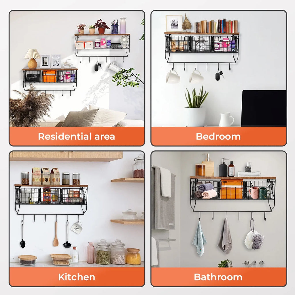 Rustic Wood Wall Mount Shelf with 6 Hooks and 3 Storage Baskets H187427