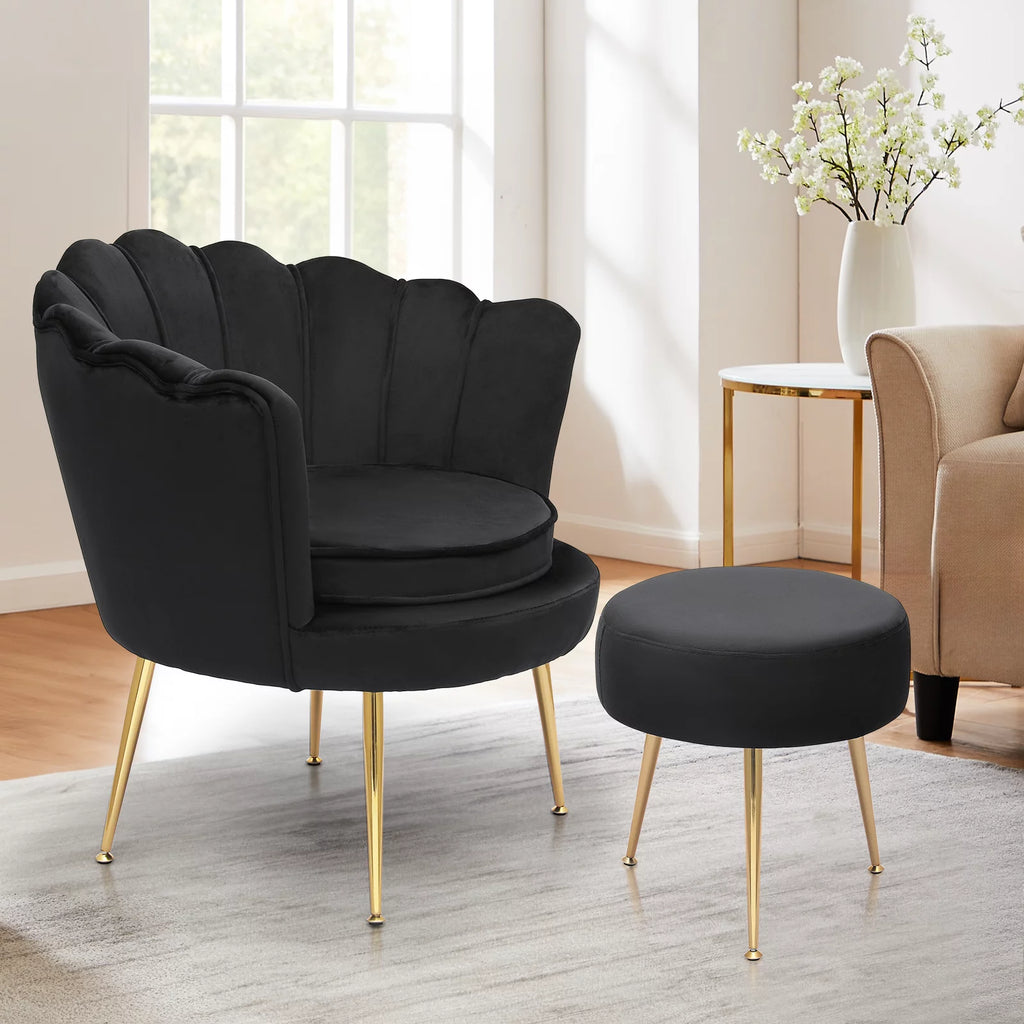 Black Velvet Tufted Accent Chair with Ottoman and Cushion V320589