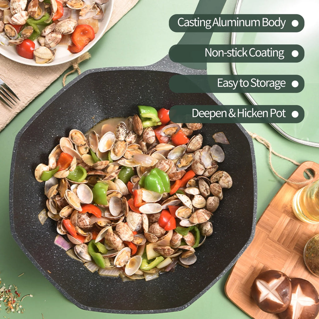 Non-stick Maifan Stone Octagonal Wok with Lid I571086
