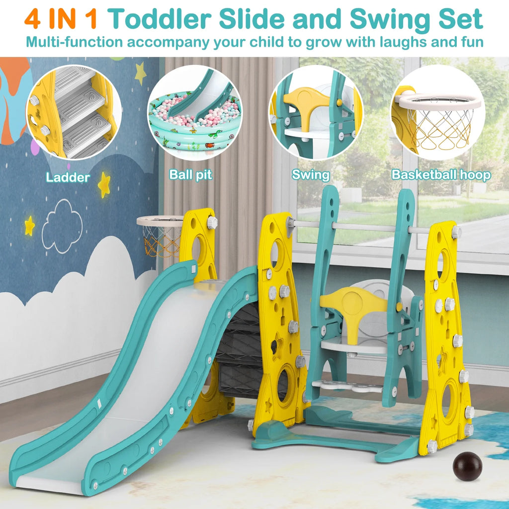 6 in 1 Toddler Slide and Swing Set with Basketball Hoop Y971