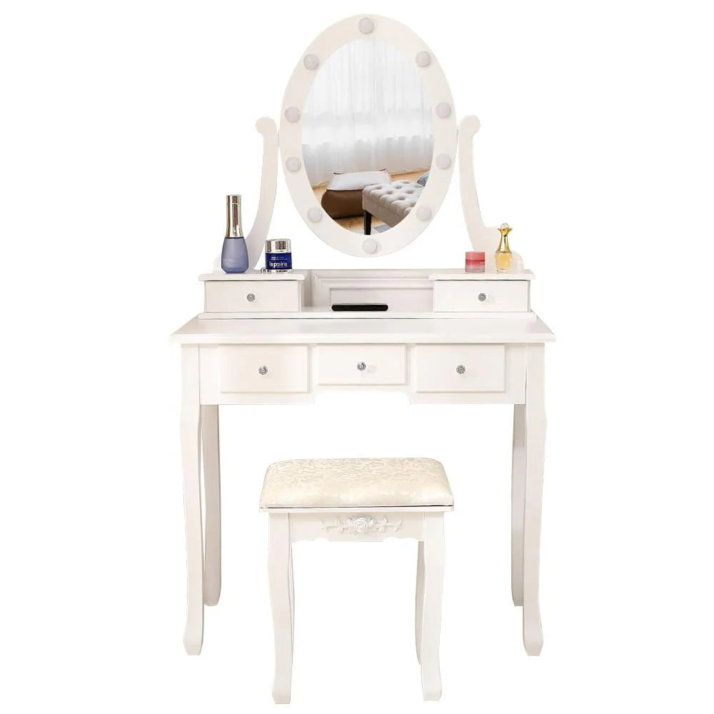 White Vanity Table Set with 5 Drawers and Cushioned Stool L73415