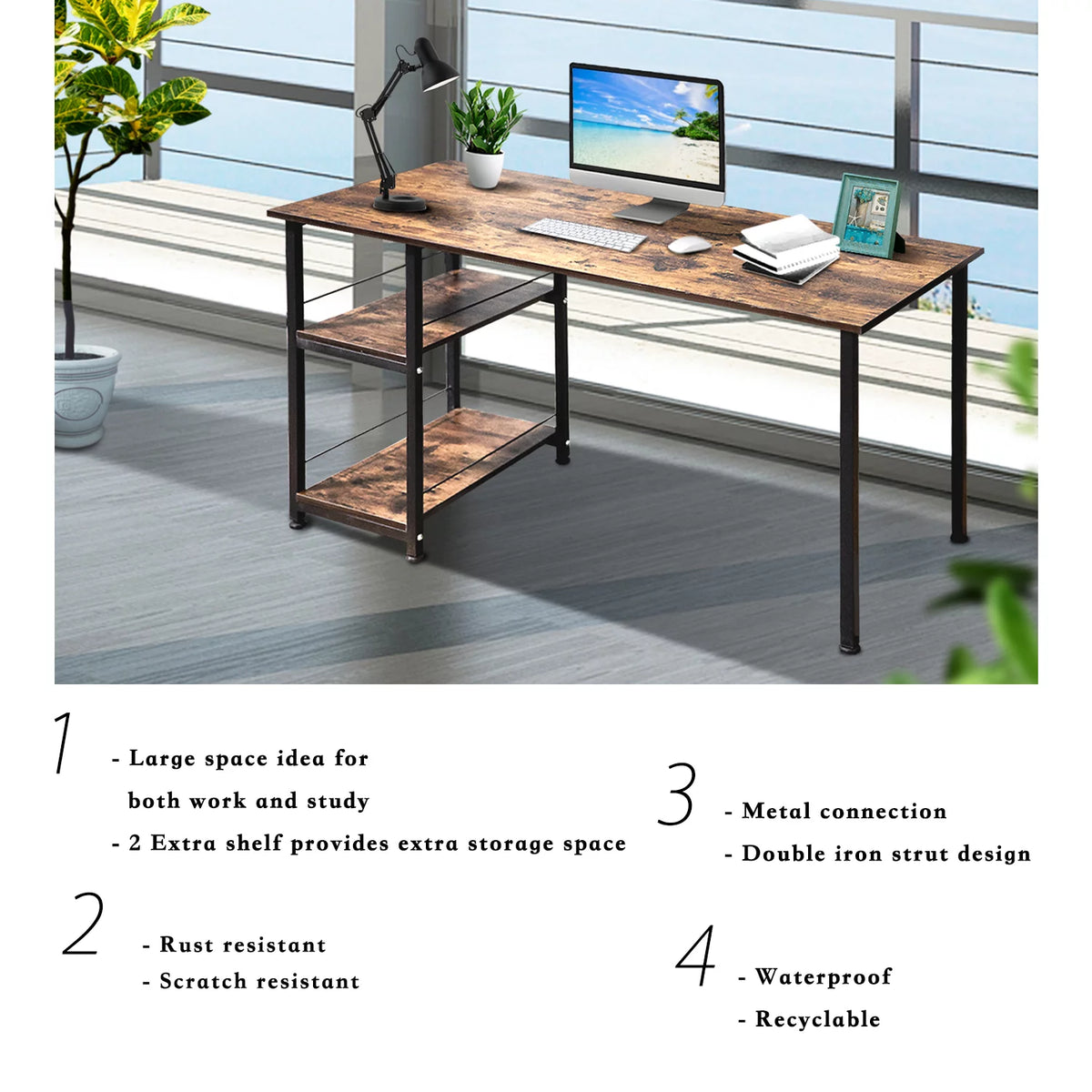 Computer Desk with 2 Tiers Shelves Metal Legs B5930