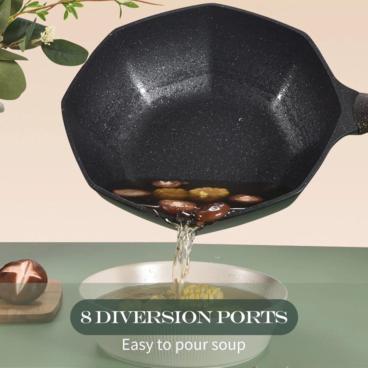 Non-stick Maifan Stone Octagonal Wok with Lid I571086