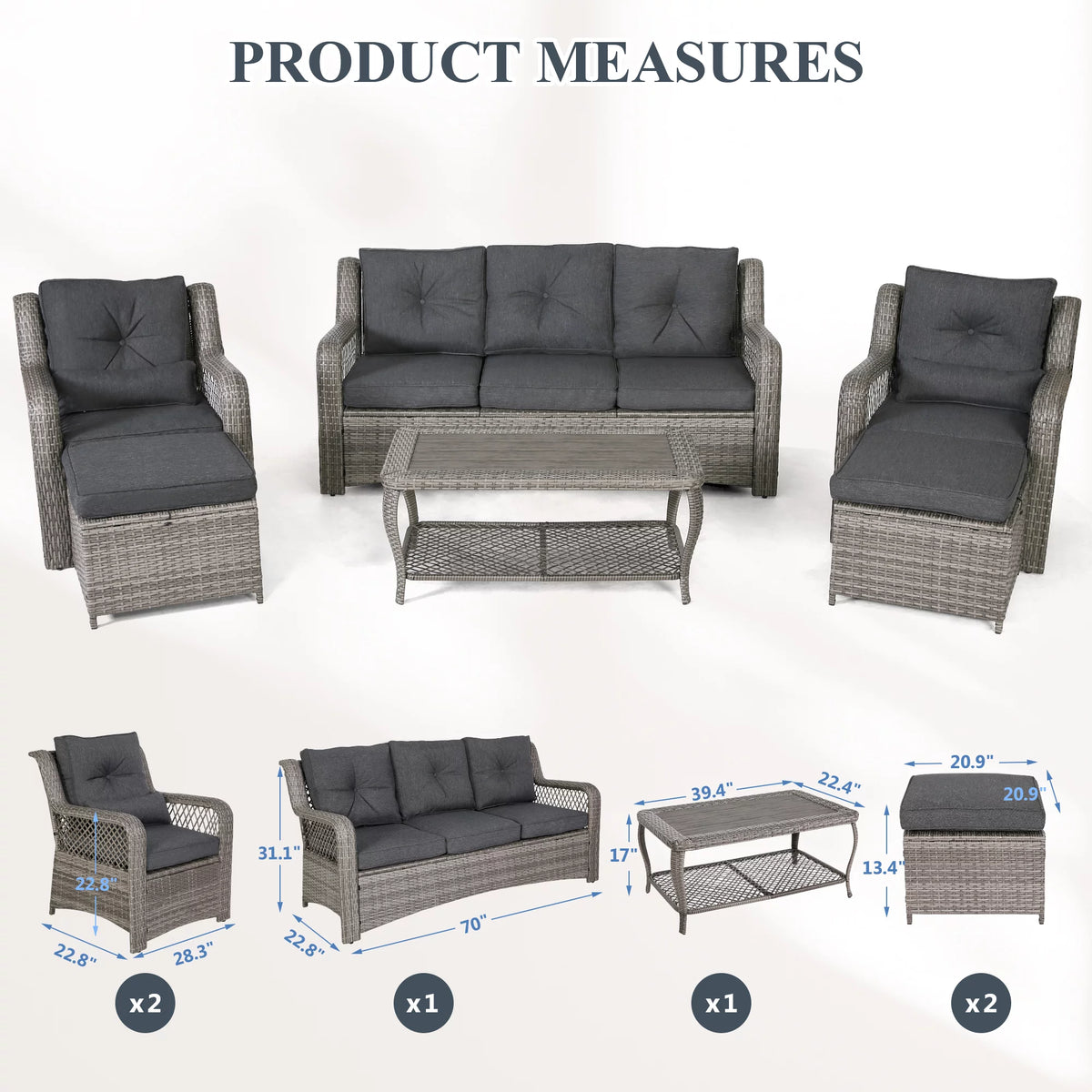 6 Piece Grey Rattan Patio Furniture Set with Ottoman O1854