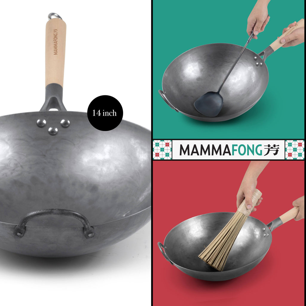 14 inch Hand Hammered Carbon Steel Wok Set with Spatula and Bamboo Brush O166