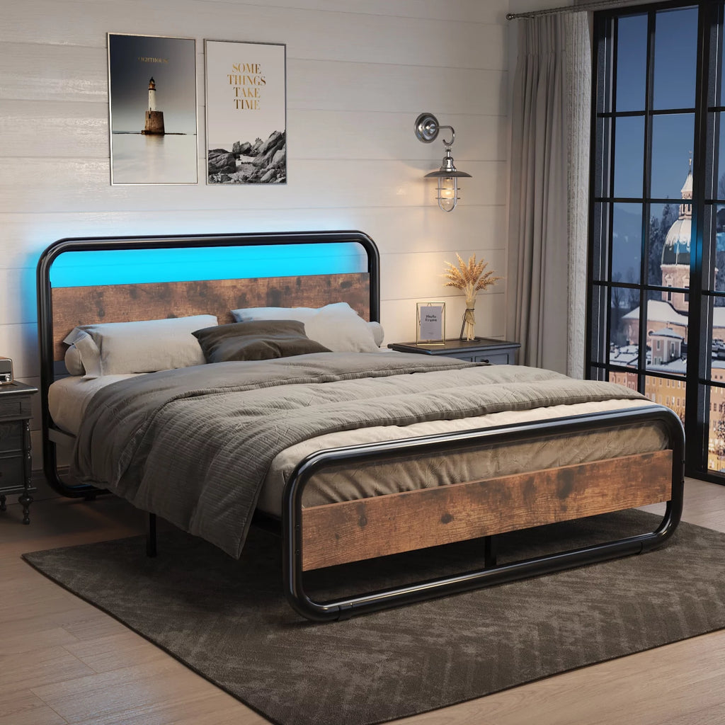 Queen Size Metal Platform Bed Frame with Wooden Headboard D8553