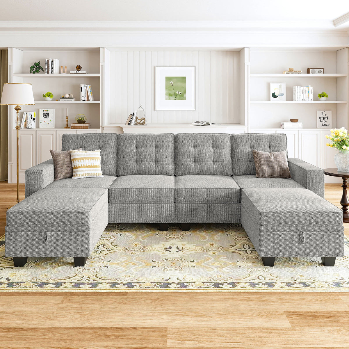 Light Grey U-Shaped Sofa with Storage Y5078