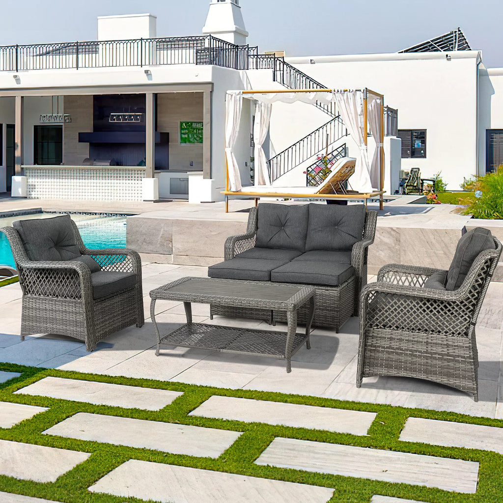6 Piece Grey Rattan Patio Furniture Set with Ottoman O1854