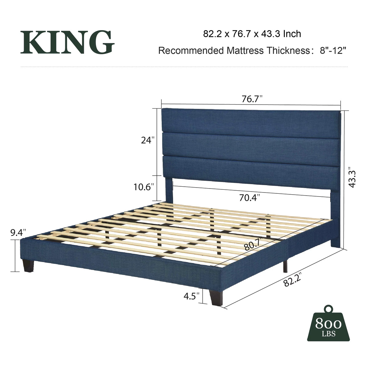 King Size Navy Blue Fabric Upholstered Platform Bed Frame with Headboard Z822