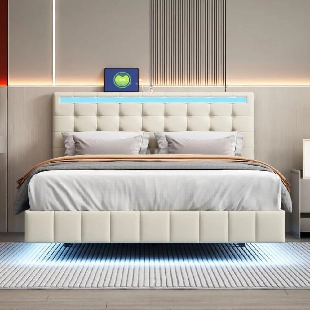 Queen Size PU Upholstered Platform Bed Frame with LED Lights & USB Port J824