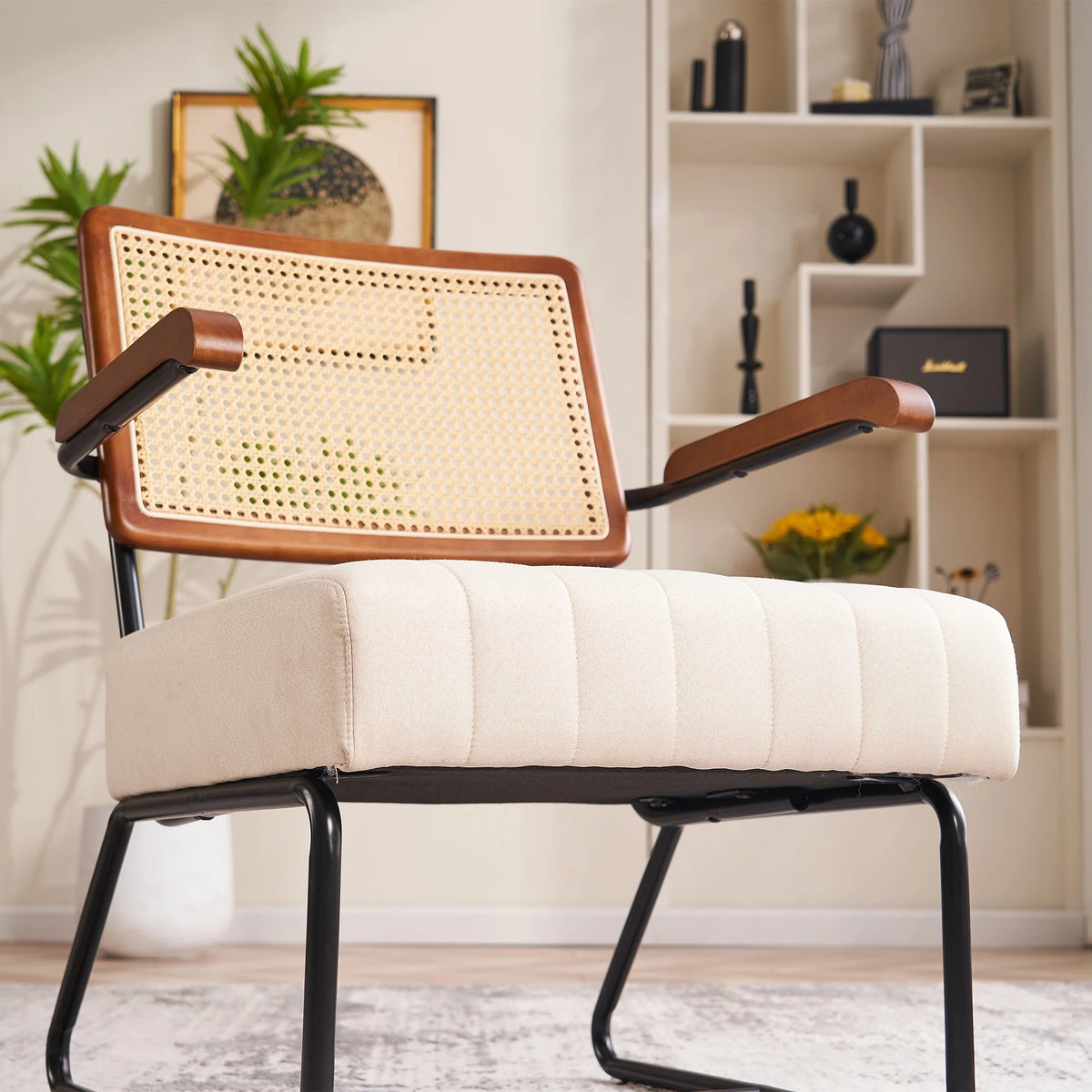 Upholstered Accent Chair with Cane Backrest and Metal Frame U378