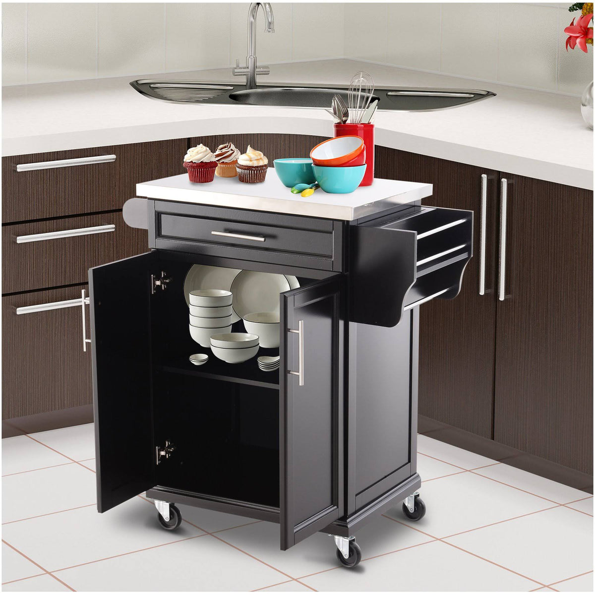 Wood Stainless Steel Rolling Kitchen Island Utility Cart G633396