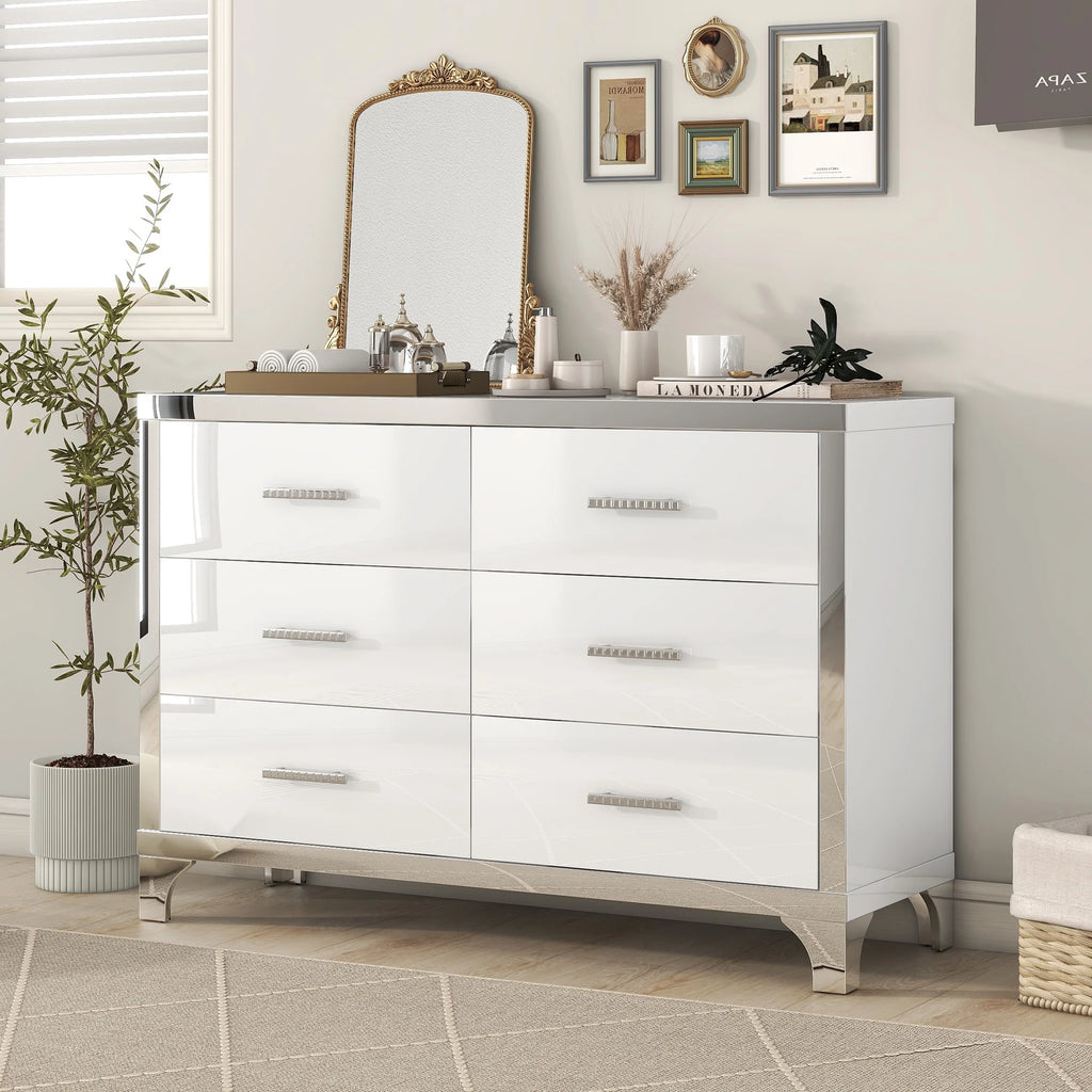 High Gloss White 6 Drawer Mirrored Dresser X276