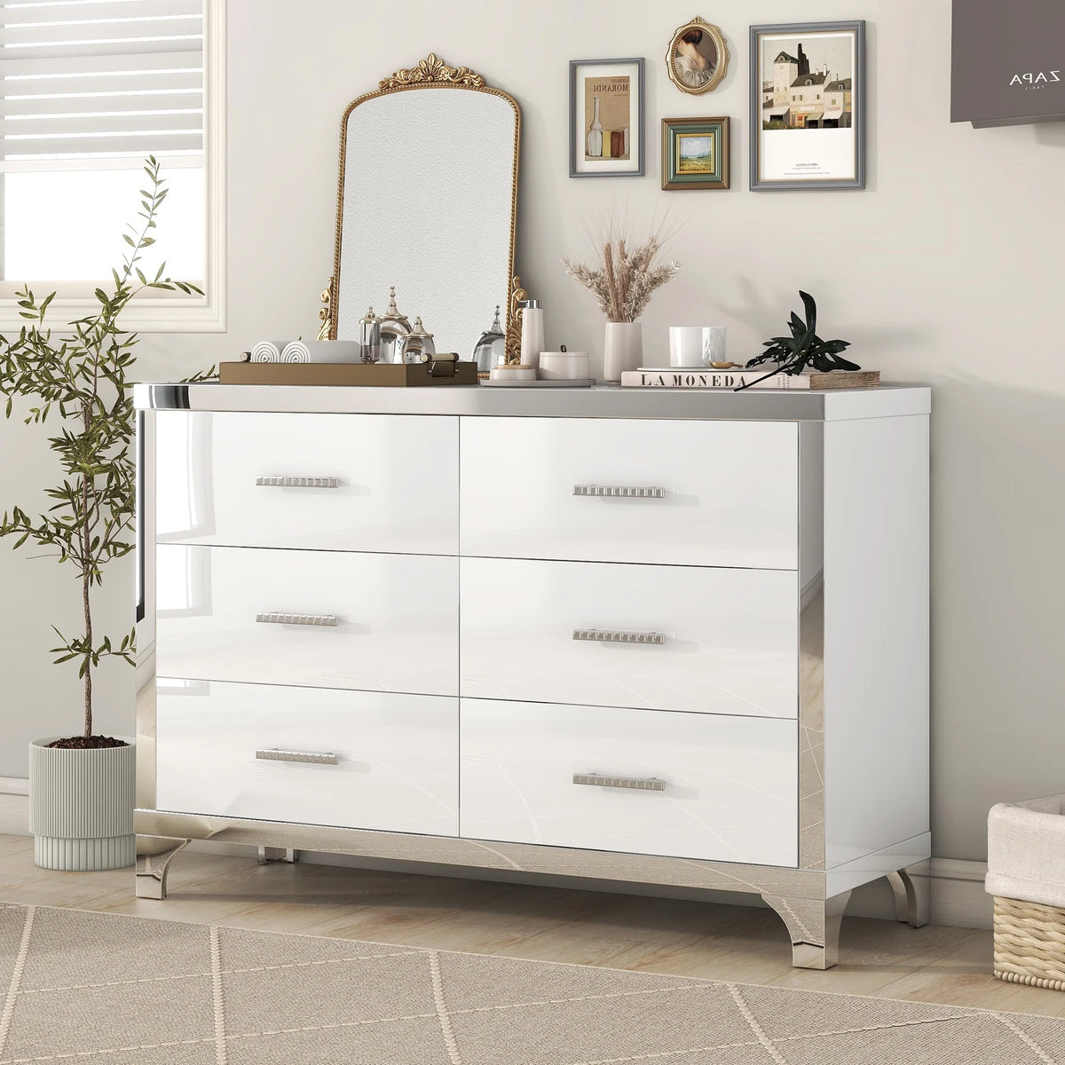 High Gloss White 6 Drawer Mirrored Dresser X276