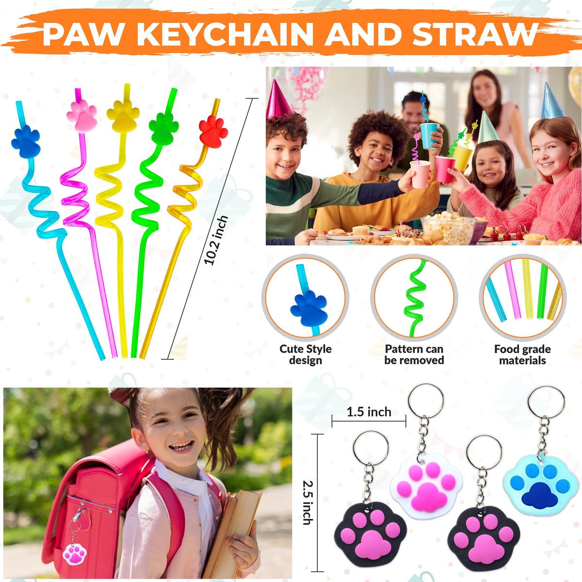 60 Pc Dog Paw Theme Party Supply Paper Bags Wristband Straws Keychain O412846