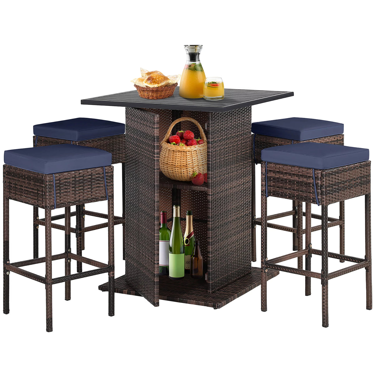 5 Pc Rattan Patio Bar Set with Table & 4 Cushioned Stools F24933