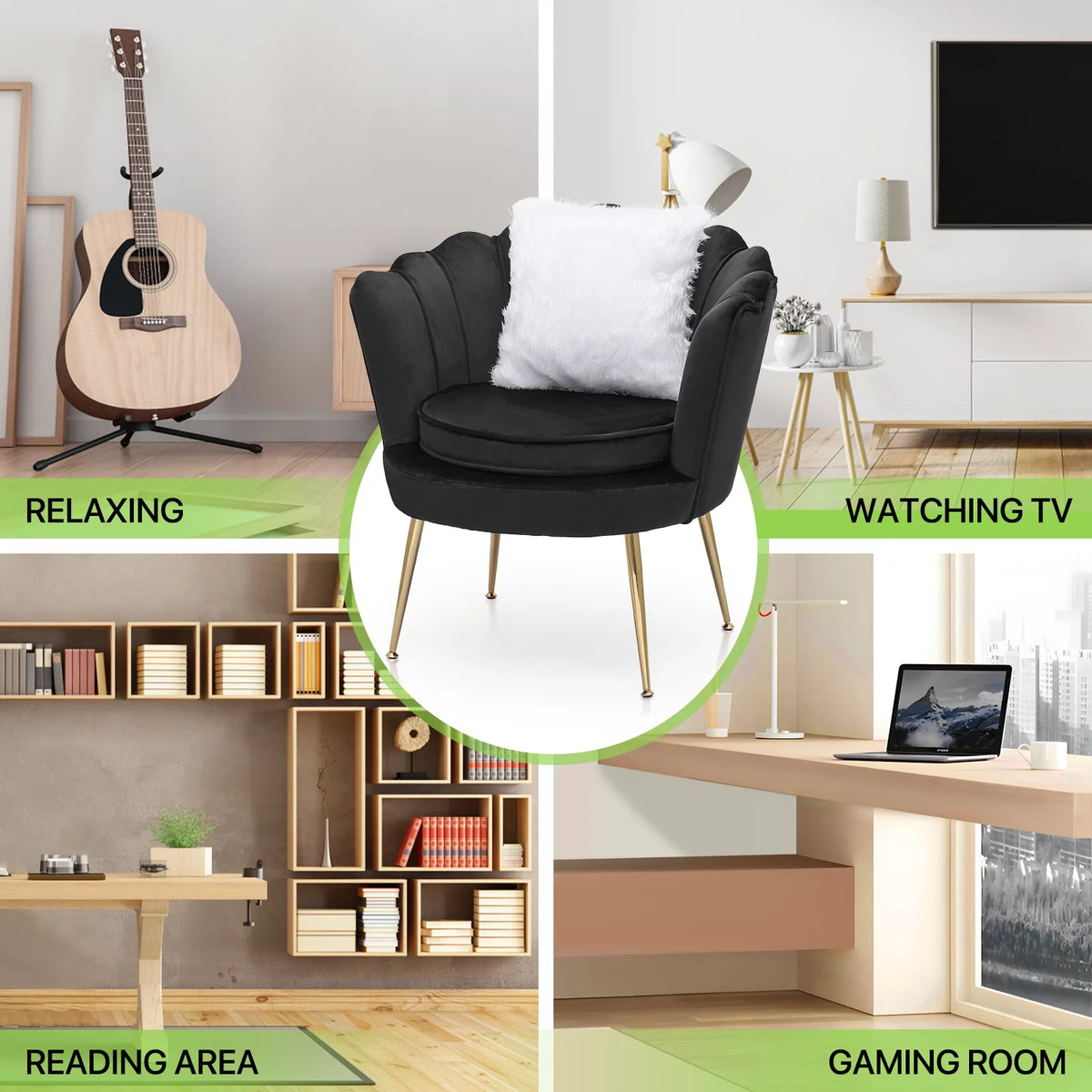 Black Velvet Tufted Accent Chair with Ottoman and Cushion V320589