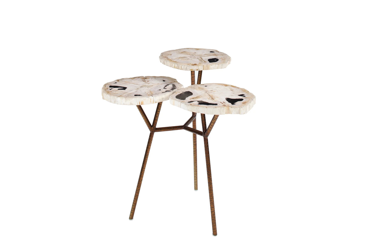Bronze Petrified Stone 3 Tier Accent Table with Gold Base Z883010