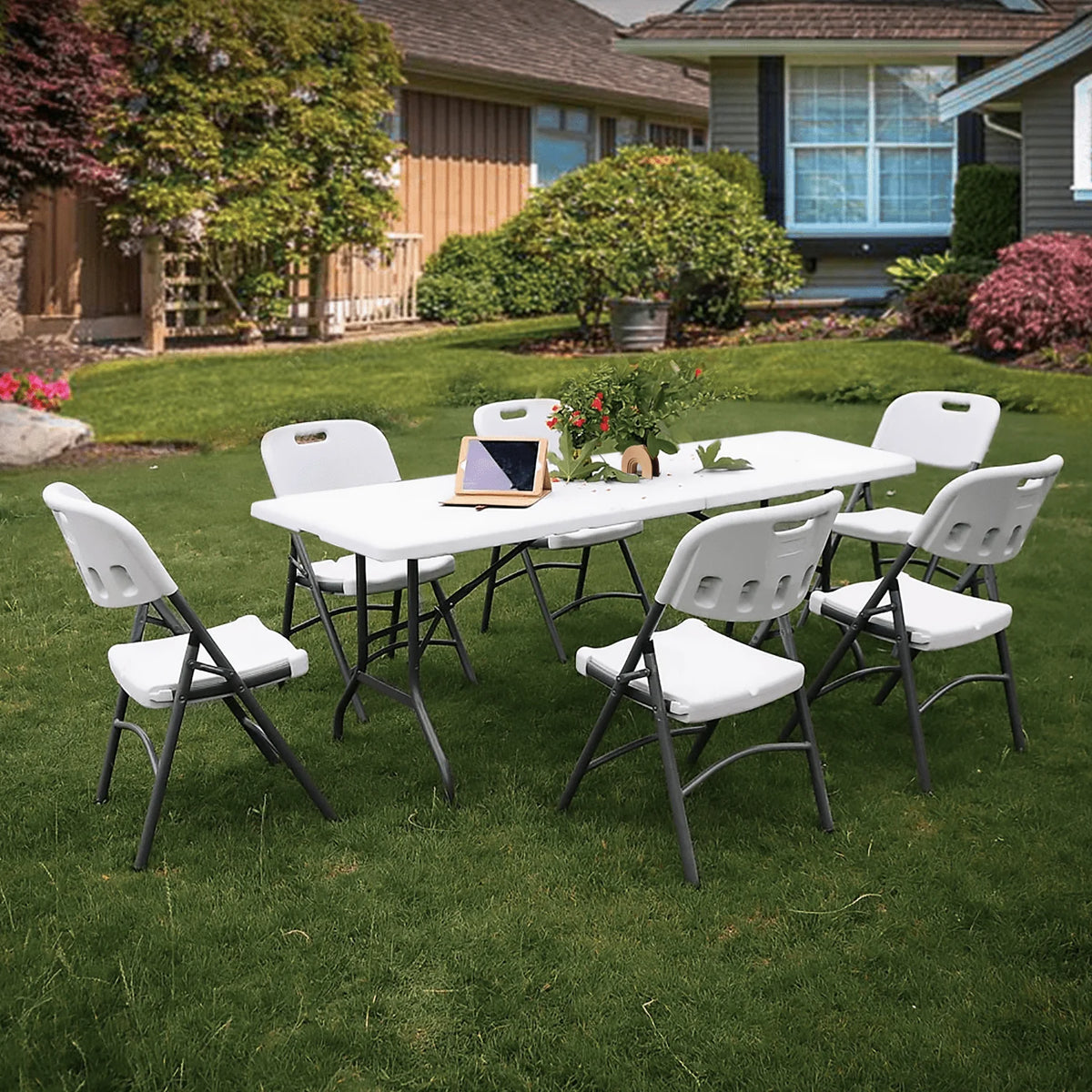 5 Pack 8Ft White Folding Plastic Utility Table Q447659