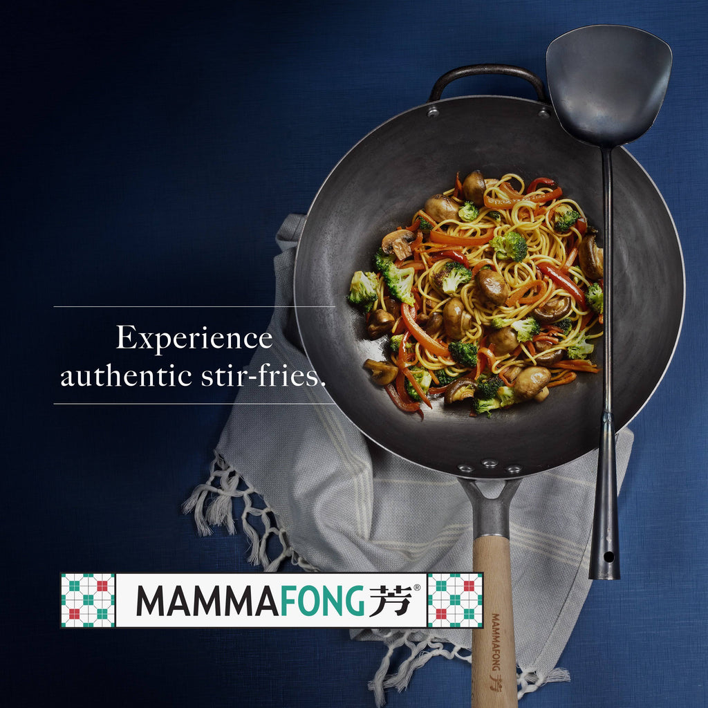 14 inch Hand Hammered Carbon Steel Wok Set with Spatula and Bamboo Brush O166