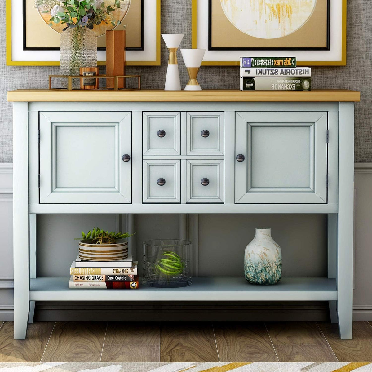 Solid Wood Console Table with 3 Drawers, 2 Cabinet and 1 Shelf U3327
