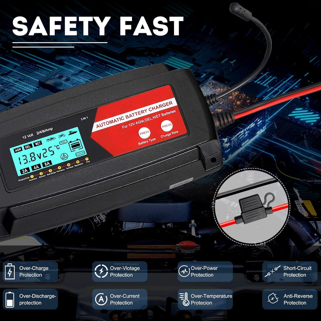 Fully Automatic 3 in 1 Car Battery Charger 12V 2/4/8 Amp with LCD Display J6280