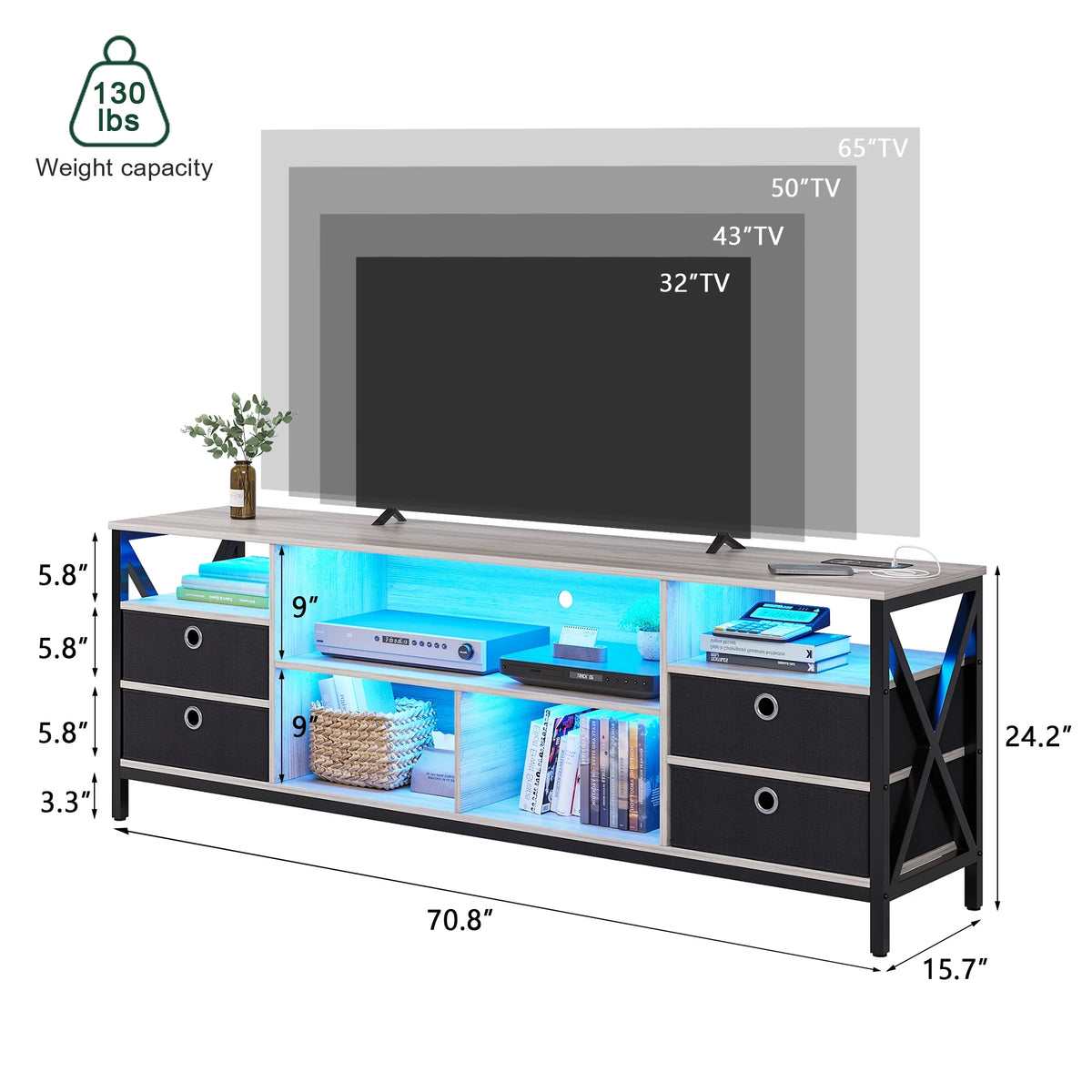 White LED TV Stand with Charging Station C666