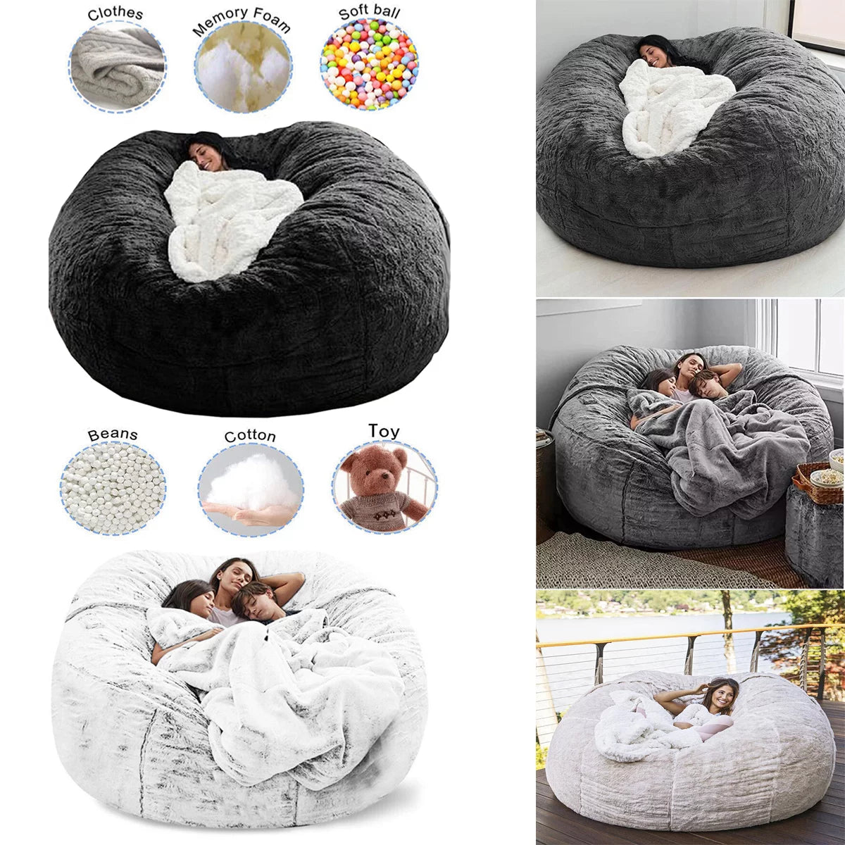 Black 5ft Faux Fur Bean Bag Chair Cover A126