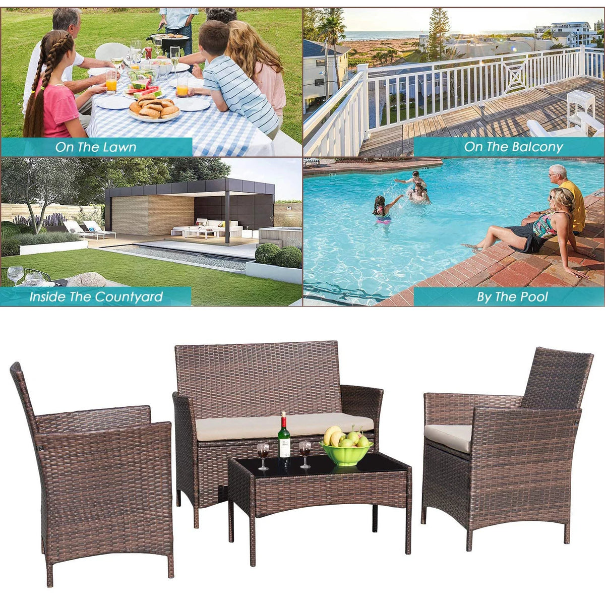 Black PE Rattan Wicker 4 Pieces Patio Table and Chairs Set with Cushion S159