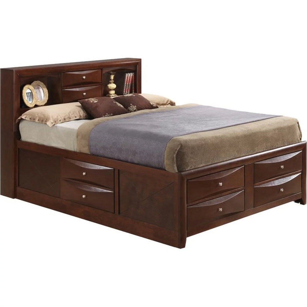 Wood Queen Bookcase Storage Bed with Shelves & Drawers Q81331